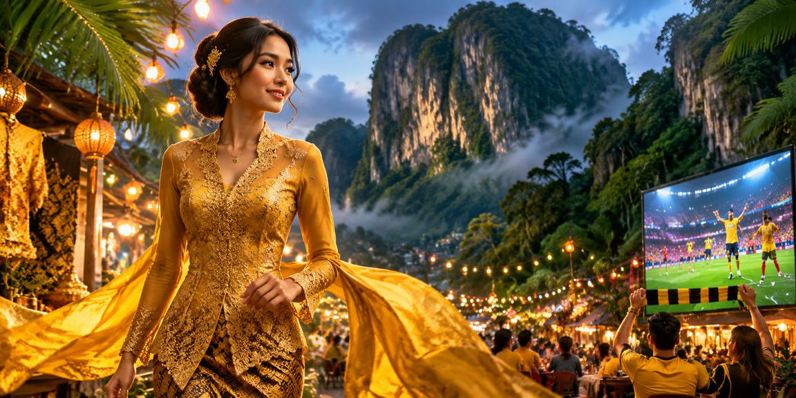 Pengguna wanita Ipoh dalam pakaian kebaya menyemak platform pertaruhan bola sepak